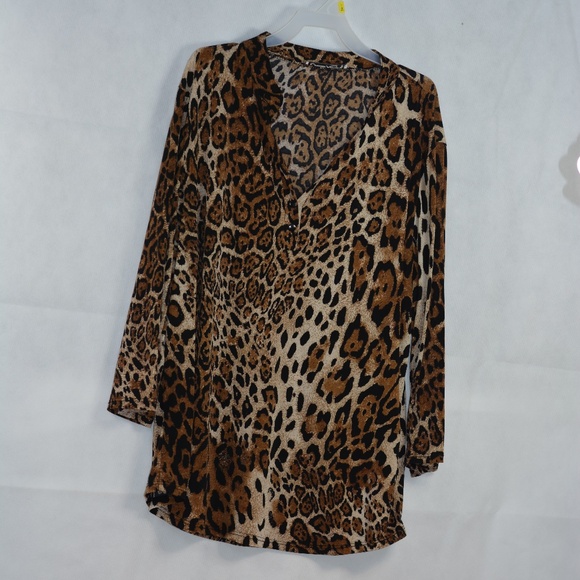 Leopard Print Jersey Shirt Long SZ XL Claudia Richard - Picture 1 of 4
